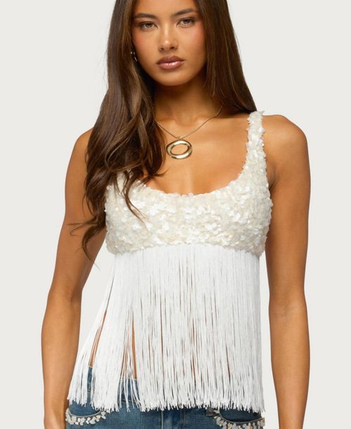 Women's Petrah Sequin Fringed Scoop Neck Bra Top - Cream