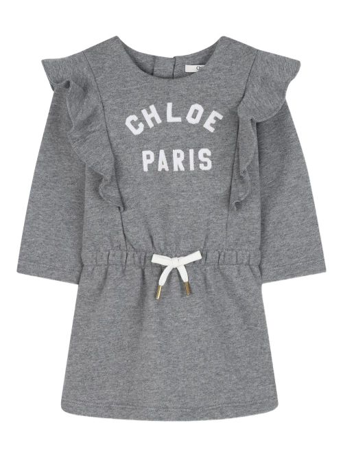 Chloé Kids' Logo Appliqué Dress with Drawstring Tail and Flounces
