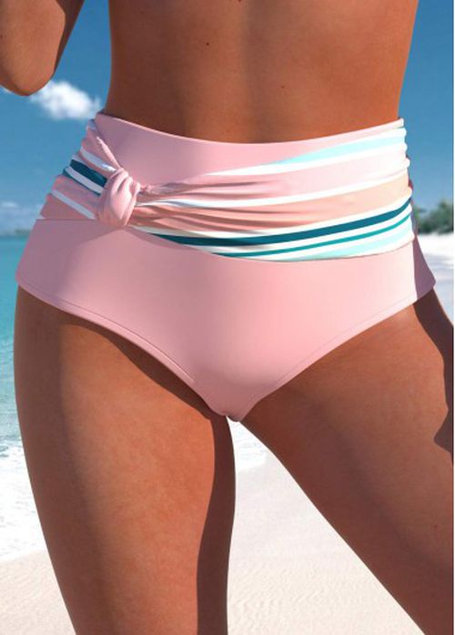 Modlily High Waisted Light Pink Multi Stripe Print Bikini Botto