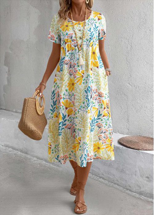 Modlily Yellow Pocket Floral Print A Line Short Sleeve Dre