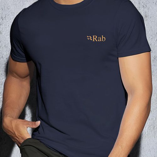 TEMU Men's Summer Casual Round Neck T-shirt - British Rab Logo Print, Soft Ribbed Collar, 100% Polyester, , In Multiple Colors, Trendy , Trendy