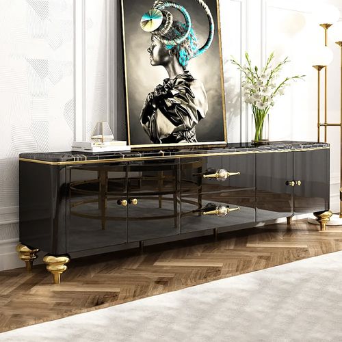 Chift Modern Black TV Stand 4-Door 2-Drawer Luxurious Media Console for TVs Up to