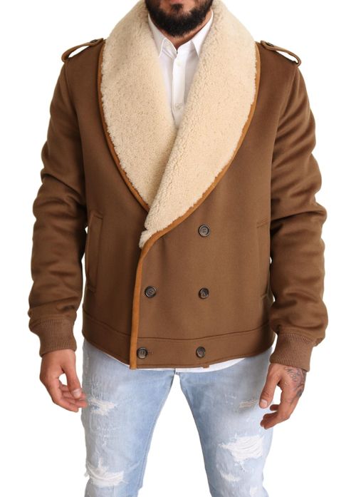 Shearling-Lined Double-Breasted Jacket — Brown