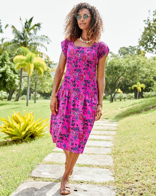 Women's Floral Crinkle Midi Dress in Pink, 100% Polyester