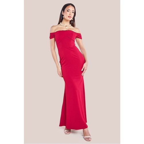 Goddiva Pleated Bardot Scuba Maxi Dress - Wine