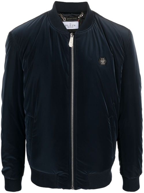 Logo-patch zip-up bomber jacket - Blue
