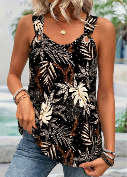 Modlily Black Tummy Coverage Leaf Print Sleeveless Tank Top