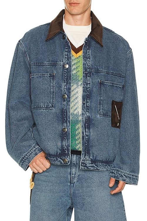 Charles Jeffrey LOVERBOY Denim Jacket With Corduroy Collar in Washed Denim - Blue. L also in M, XL/1X