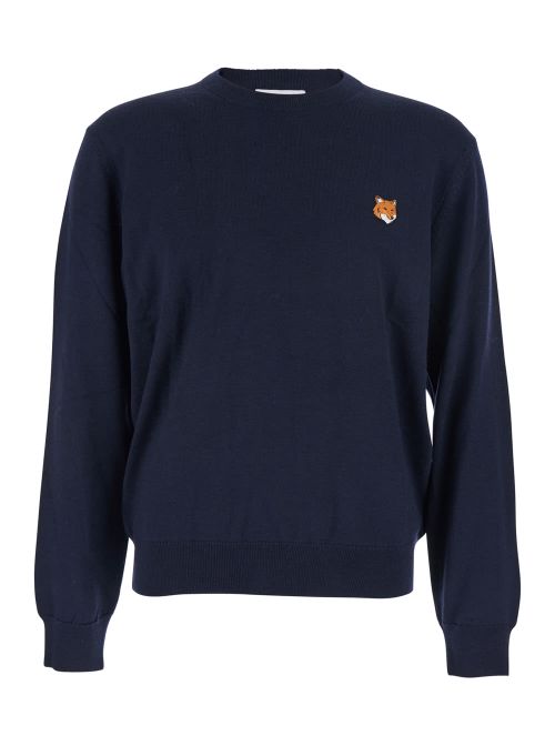 Blue Crew Neck Sweater With Fox Patch On The Front In Wool Man