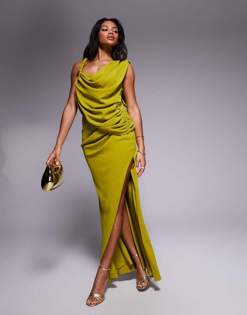 ASOS DESIGN | ASOS DESIGN drape maxi dress with ball trim strap detail in  chartreuse-Green | Realry