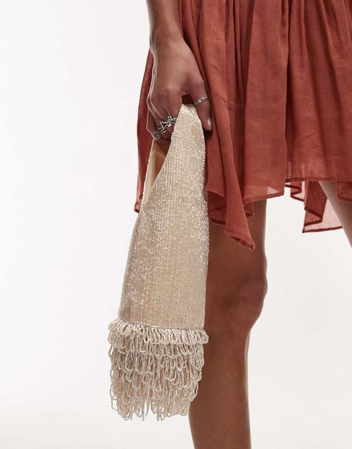 Mango Capsule embellished bag with beaded fringe in off-white-Neutral