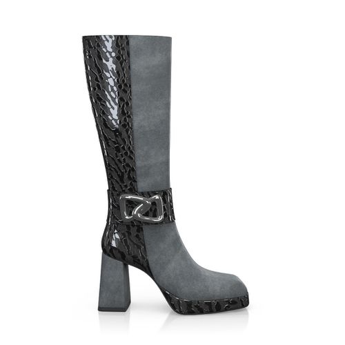 Bottes à bout carré, plateforme et talon évasé Femme Faites main en Italie en Cuir Gris Perle - Sur Mesure, Haut, Accents métalliques, Zip