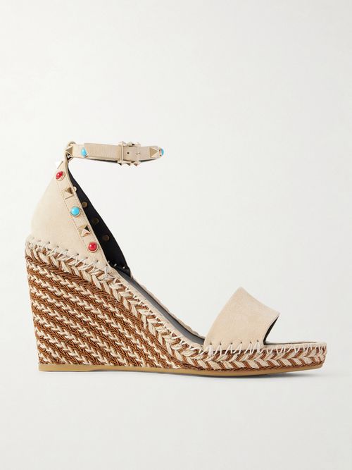 Rockstud 105 Bead-embellished Suede Espadrille Wedge Sandals - Brown