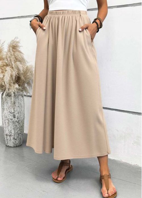 Modlily Light Camel Pocket A Line Elastic Waist Maxi Skirt