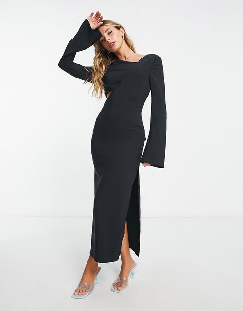 Cut-out long sleeve midaxi dress in black