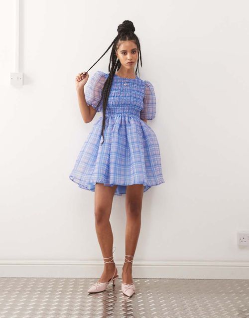 Amy Lynn | Amy Lynn organza bubble mini dress with cut out back in purple  plaid-Multi | Realry