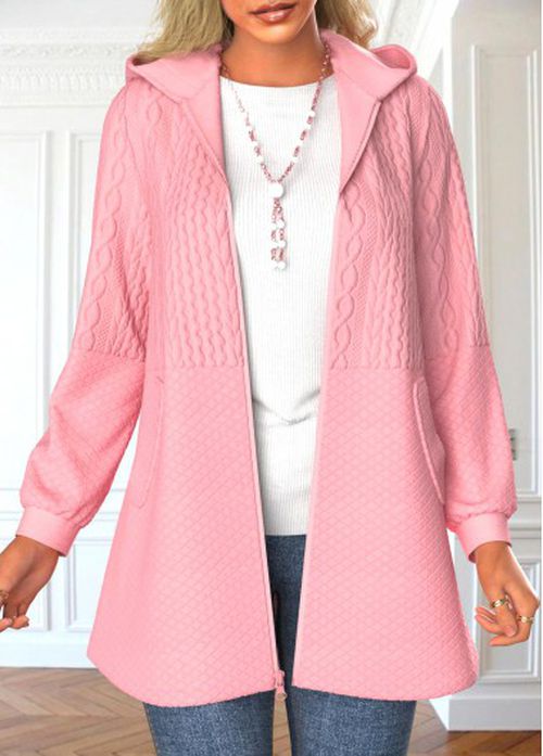 Modlily Pink Zipper Long Sleeve Hooded Jacket