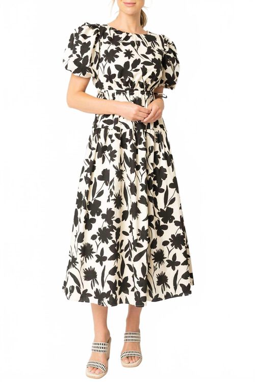 Floral Print Cut Out Shirred Midi Dress In Black & White