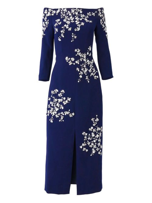 Floral-embroidered midi dress - Blue