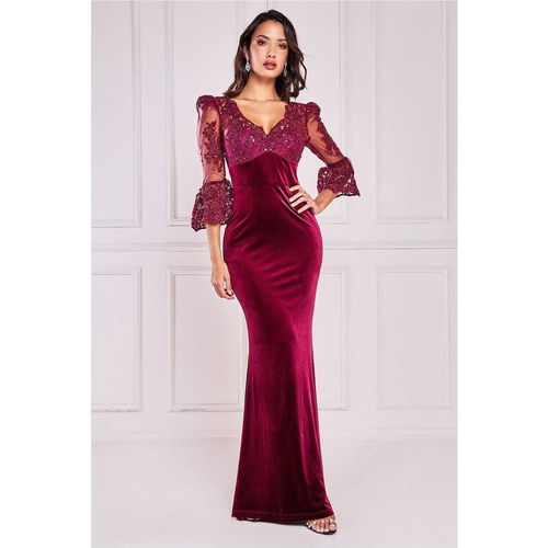 Goddiva Scalloped Lace & Velvet Maxi Dress - Burgundy