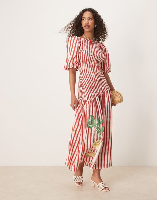 Striped cotton midaxi dress in seahorse print-Red