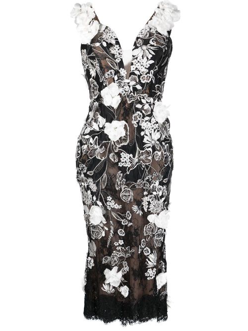 Floral-appliqué midi dress - Black