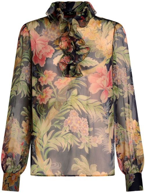 Floral-print silk blouse - Blue