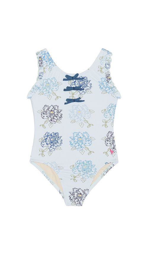 Pink Chicken Girls Sylvie Bow Swimsuit in Blue Quilt Floral. 3 also , 4