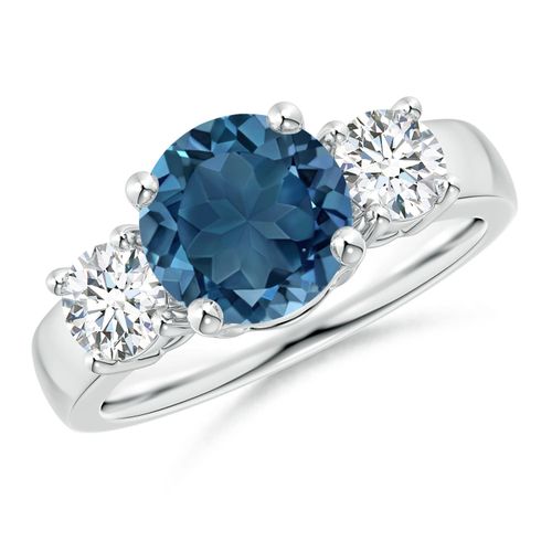 Angara 2.35 Carats Classic Round London Blue Topaz and Diamond Three Stone Engagement Ring in Platinum