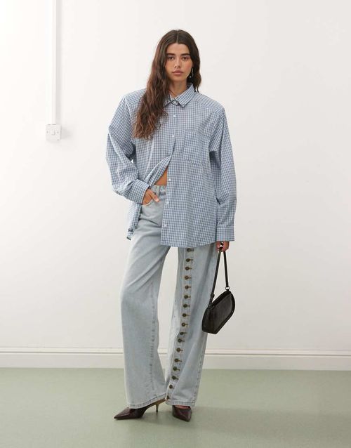 Notting Hill oversized shoulder pad detail multiway button front shirt in baby blue check