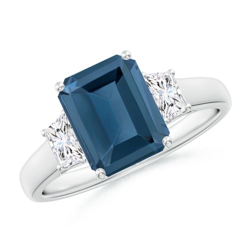 Angara 2.75 Carats Three Stone Emerald-Cut London Blue Topaz and Diamond Ring in Platinum