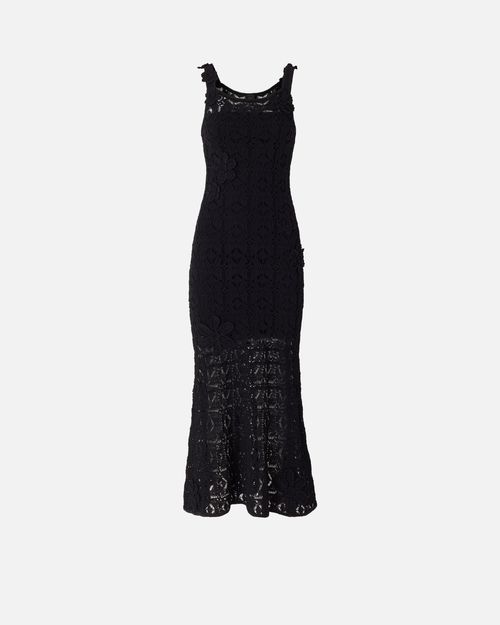 Crochet-effect midi dress with appliqué flowers - M