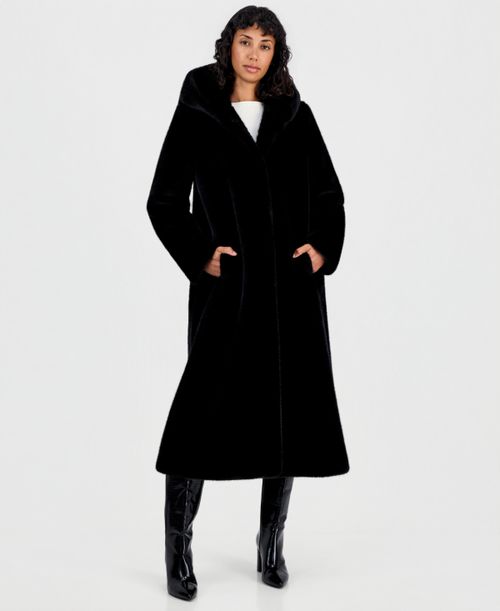 Women's Maxi Hooded Faux Fur Coat - Black