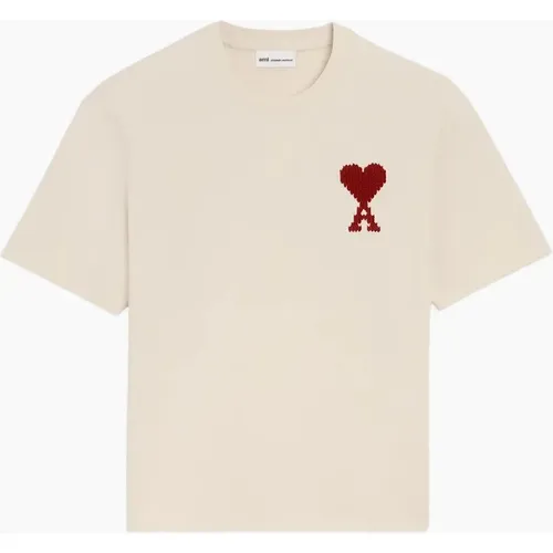 Men's AMI Paris Heart Zigzag T-Shirt Beige - Tan