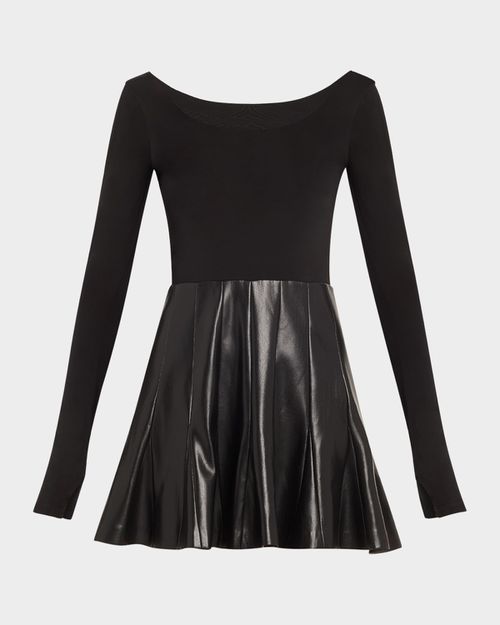 Alice + Olivia | Chara Vegan Leather Long-Sleeve Pleated Mini Dress | Realry