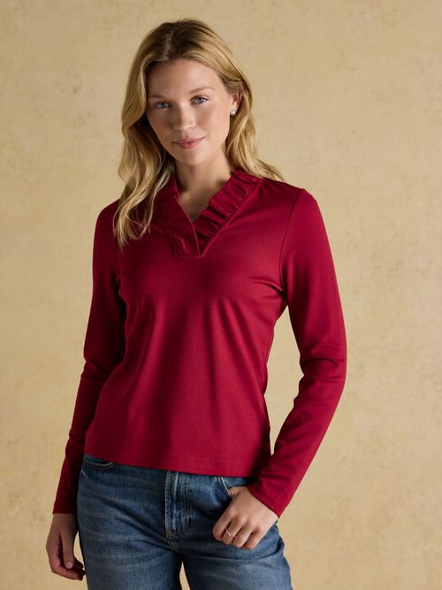 Heidi Red Frill Neck Jersey Fitted Top