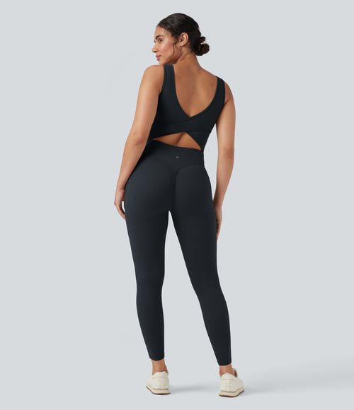 UltraSculpt™ V Neck Tummy Control Butt Lifting Workout Jumpsuit with Pockets Workout Dress - Carbon