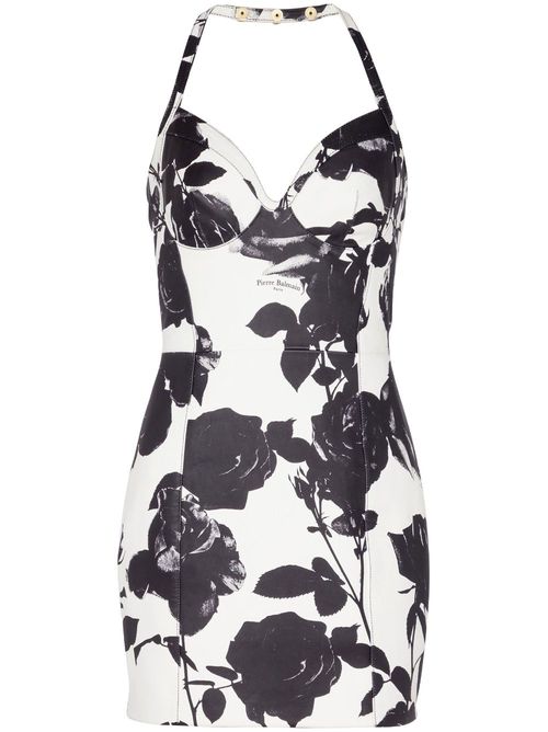 Floral-print leather minidress - White