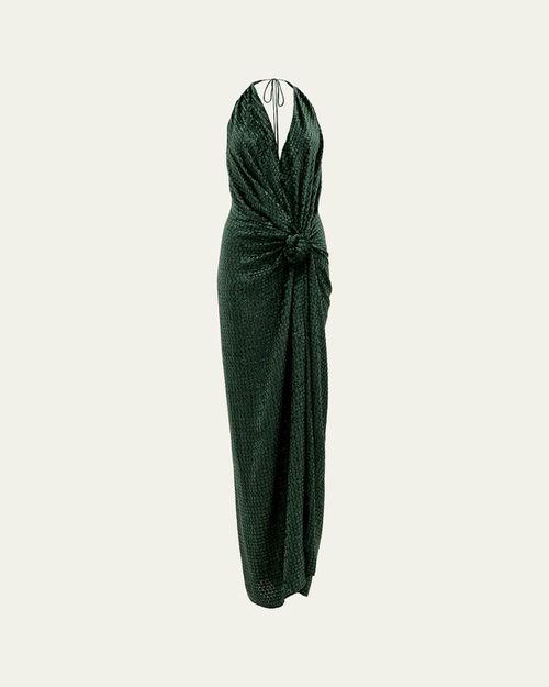 Torgiano Knotted Metallic Velvet Halter Maxi Dress