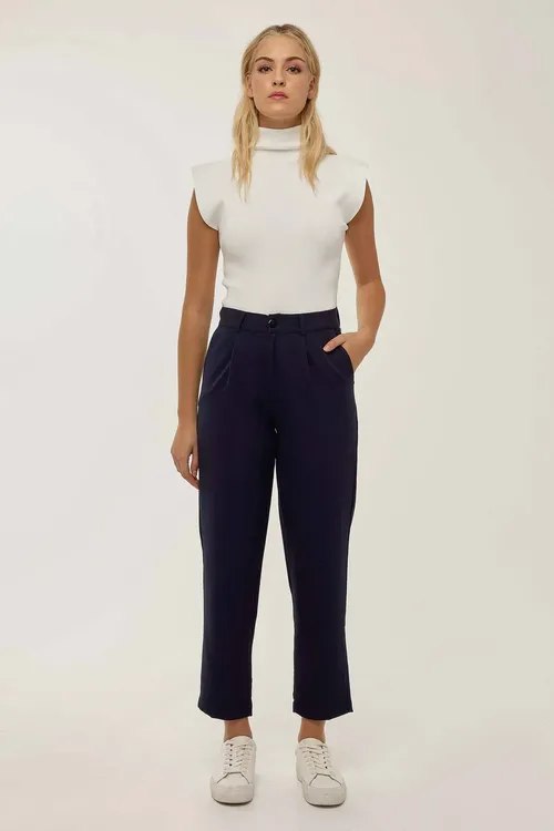 Cobalt Blue High Waist Pleated Pipe Leg Pants Women