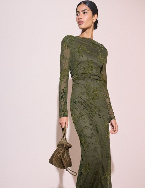 Olive Green Floral Mesh Lana Midi Dre