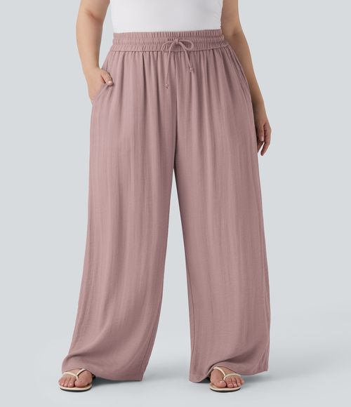 High Waisted Drawstring Linen-Feel Wide Leg Casual Plus Size Pants with Pockets  - Deauville Mauve