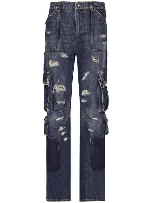 Distressed-finish straigh-leg cargo jeans - Blue