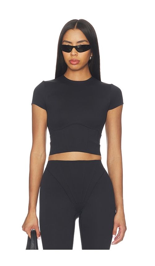 NikeSKIMS Matte Corset Short Sleeve Crop Top in Obsidian - Black. M also in L, S
