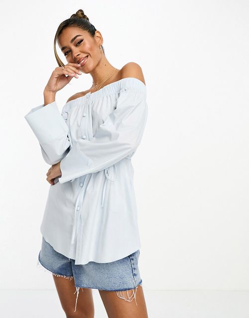 Off shoulder tie front top in blue