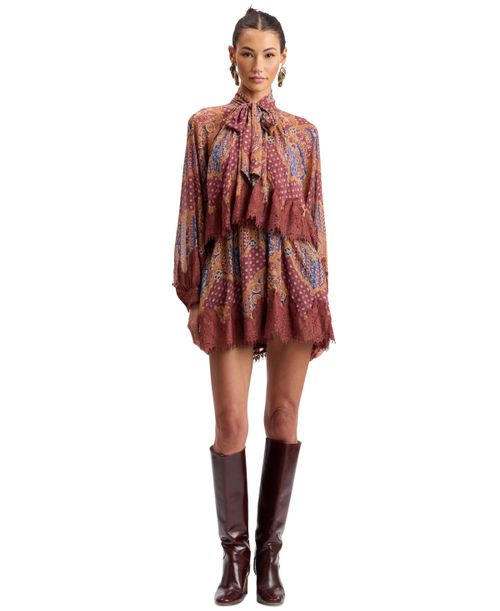 Women's Tie-Neck Long-Sleeve Tiered Mini Dress - Cognac Medallion Scarf
