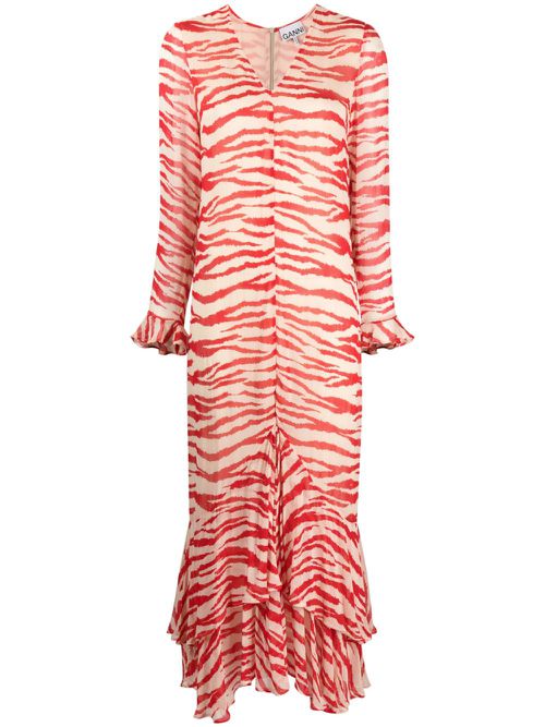 Tiger-print ruffled maxi dress - Red