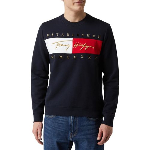 Tommy Hilfiger Mens Sweatshirts Signature Flag Fleece Pullover Crew Neck Jumper - Navy Cotton - Sma