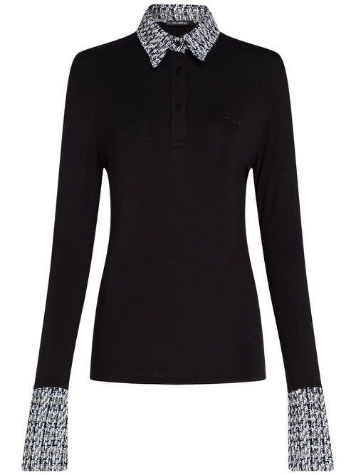 Long-sleeve bouclé polo shirt - Black
