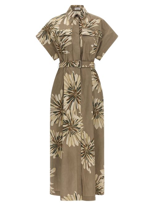 Floral-Print Cotton Dress — Beige
